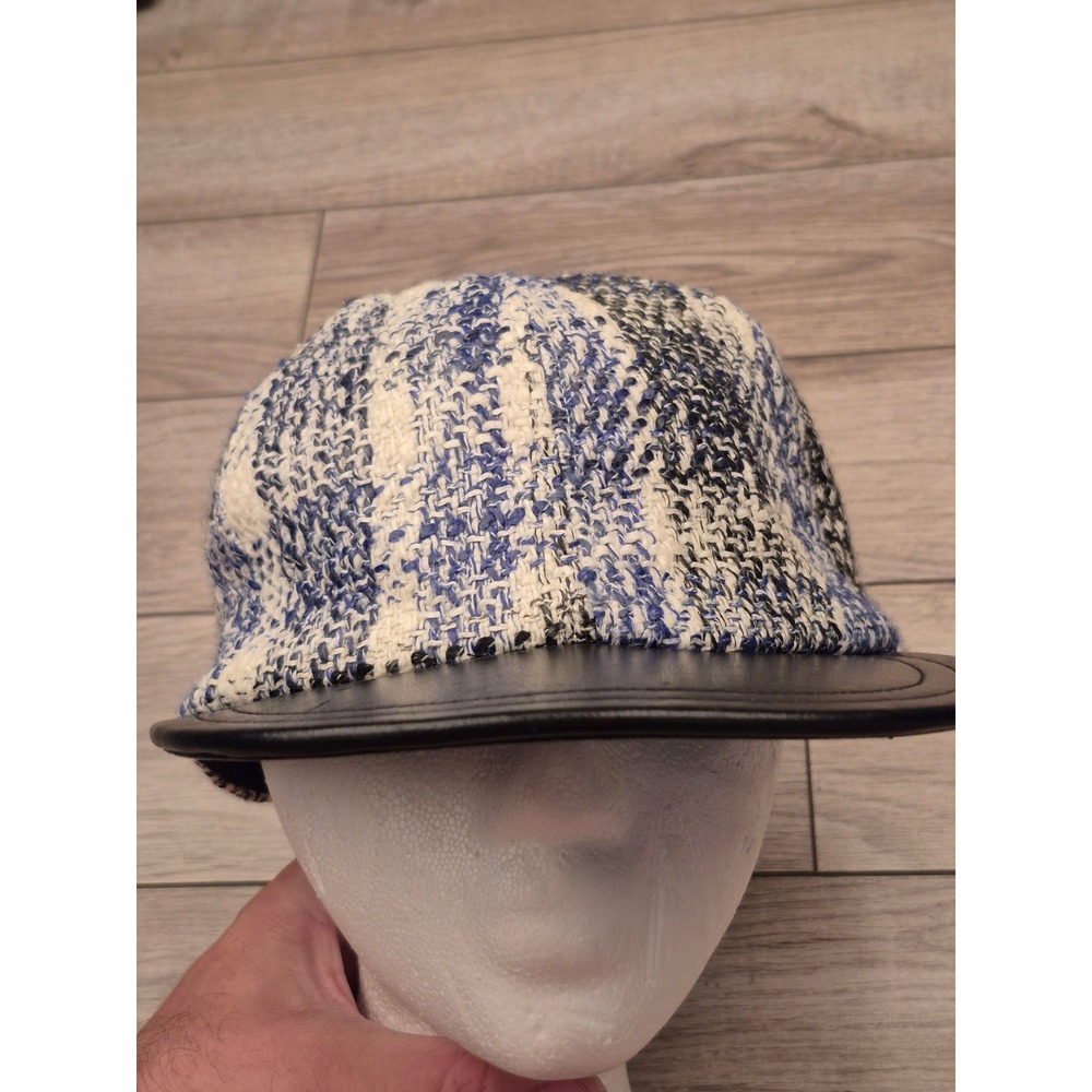 Eugenia Kim Blue Plaid Boucle Tweed Baseball Cap Black Leather Brim Hat Womens